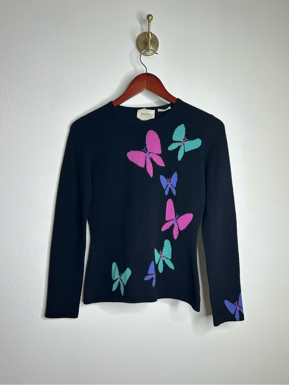 Vintage Neiman Marcus 100% Cashmere Multicolor Butterfly Sweater Black